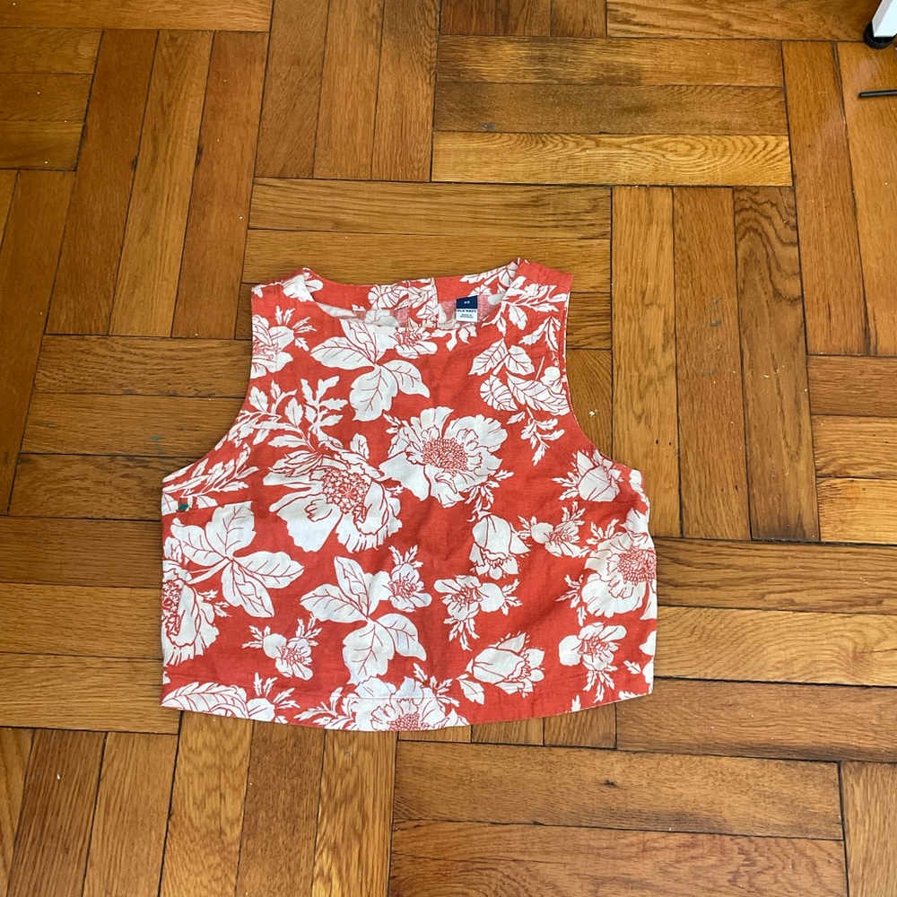 Old Navy Blouse Womens orange Floral High Neck Linen Blend Button Back XS